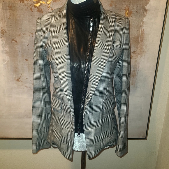 Veronica Beard Black Leather, Plaid Print Blazer Timeless Sophistication - Picture 2 of 11